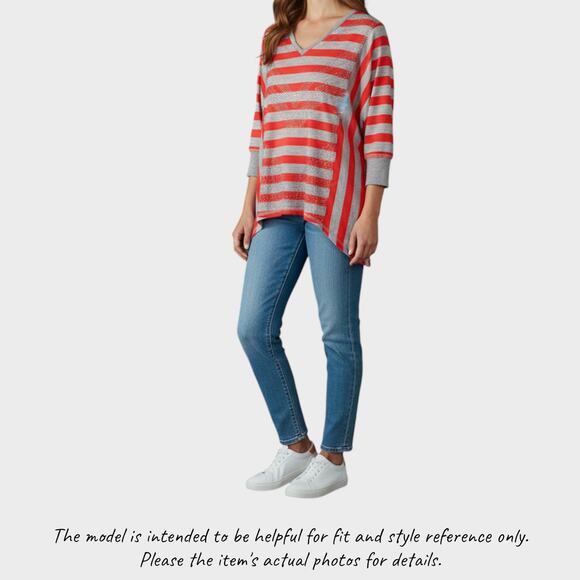 Miss Me Small Top Striped Red Gray Bling Asymetrical Shark Hem Chevron Top - Picture 1 of 10